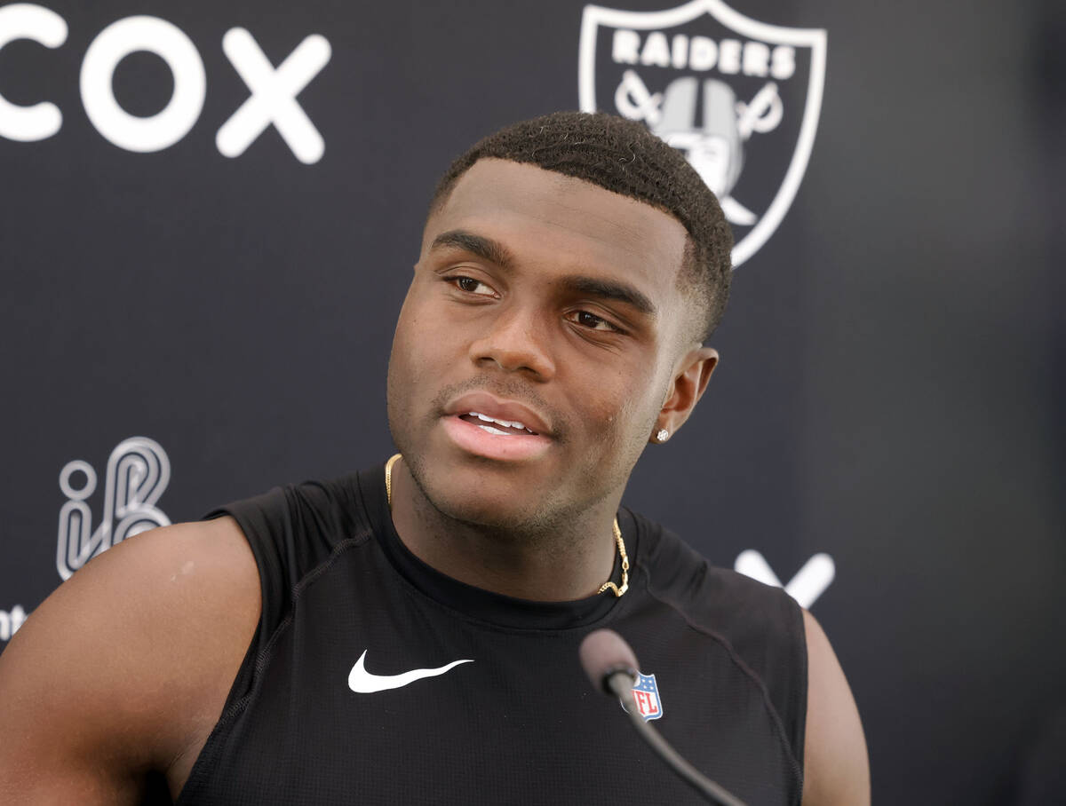 Raiders cornerback Jakorian Bennett addresses the media after participating in an NFL mandatory ...