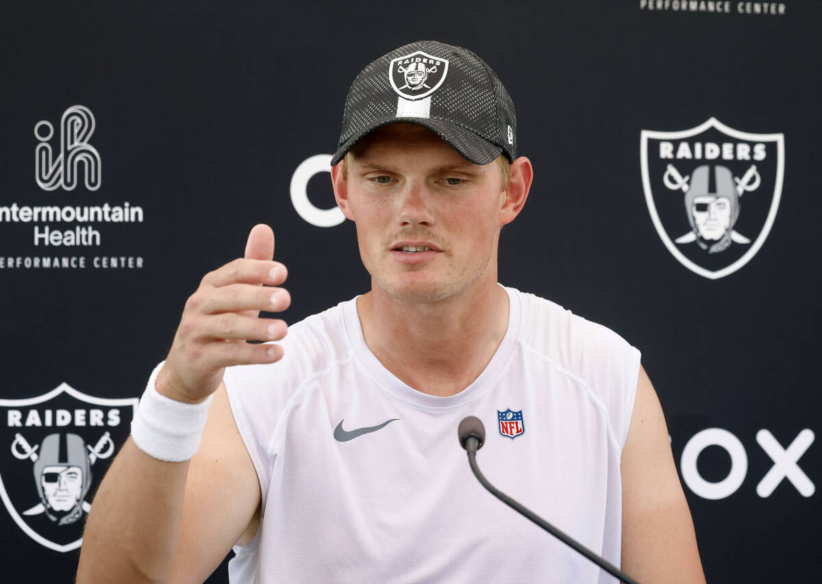 Raiders kicker Daniel Carlson addresses the media after participating in an NFL mandatory footb ...