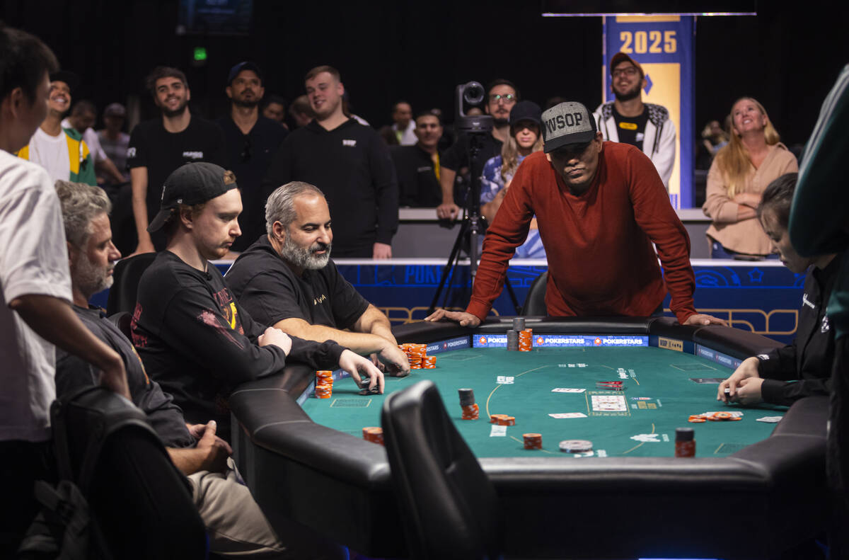 Matt Glantz, center left, and Ramaswamy Pyloore, right, look on for the river during the final ...