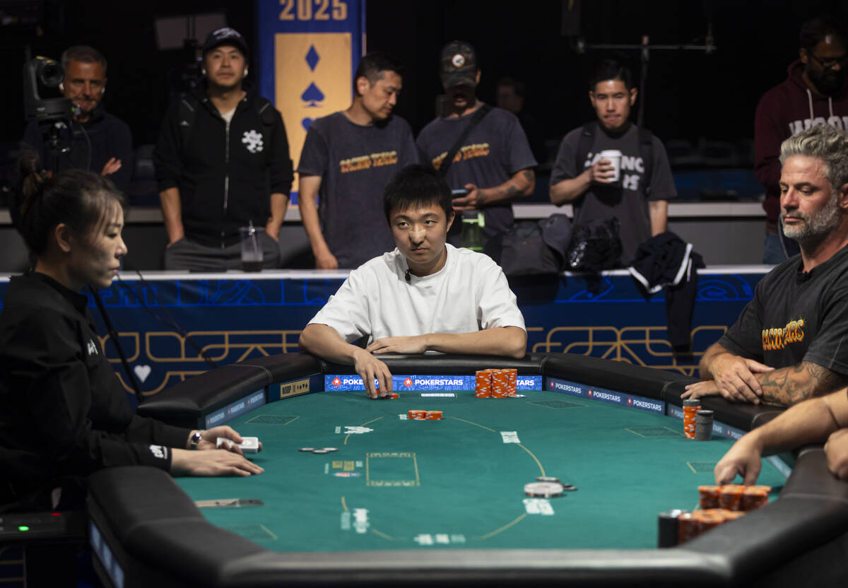 Kaiwen Wei looks on before being eliminated in 4th place during the $500 No-Limit Hold’e ...