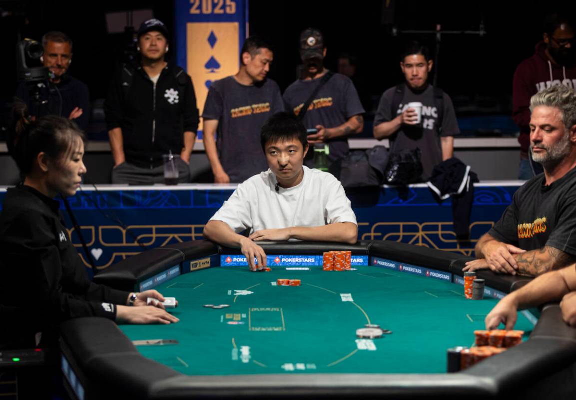 Kaiwen Wei looks on before being eliminated in 4th place during the $500 No-Limit Hold’e ...