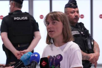 Activist Greta Thunberg arrives from Israel at Charles de Gaulle airport Tuesday, June 10, 2025 ...