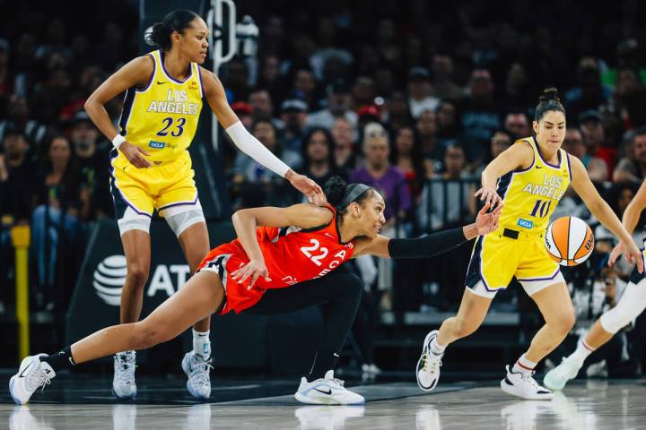 Aces center A'ja Wilson (22) loses the ball during a WNBA basketball game between the Aces and ...