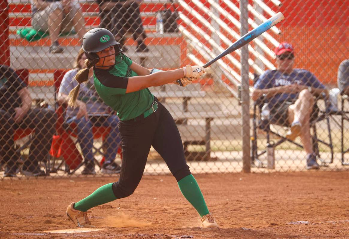 Palo Verde's Taylor Johns hits the ball during a softball game at Arbor View High School on Mon ...