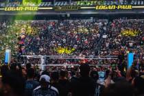 Logan Paul makes his entrance during WWE WrestleMania 41 at Allegiant Stadium Sunday, April 20, ...