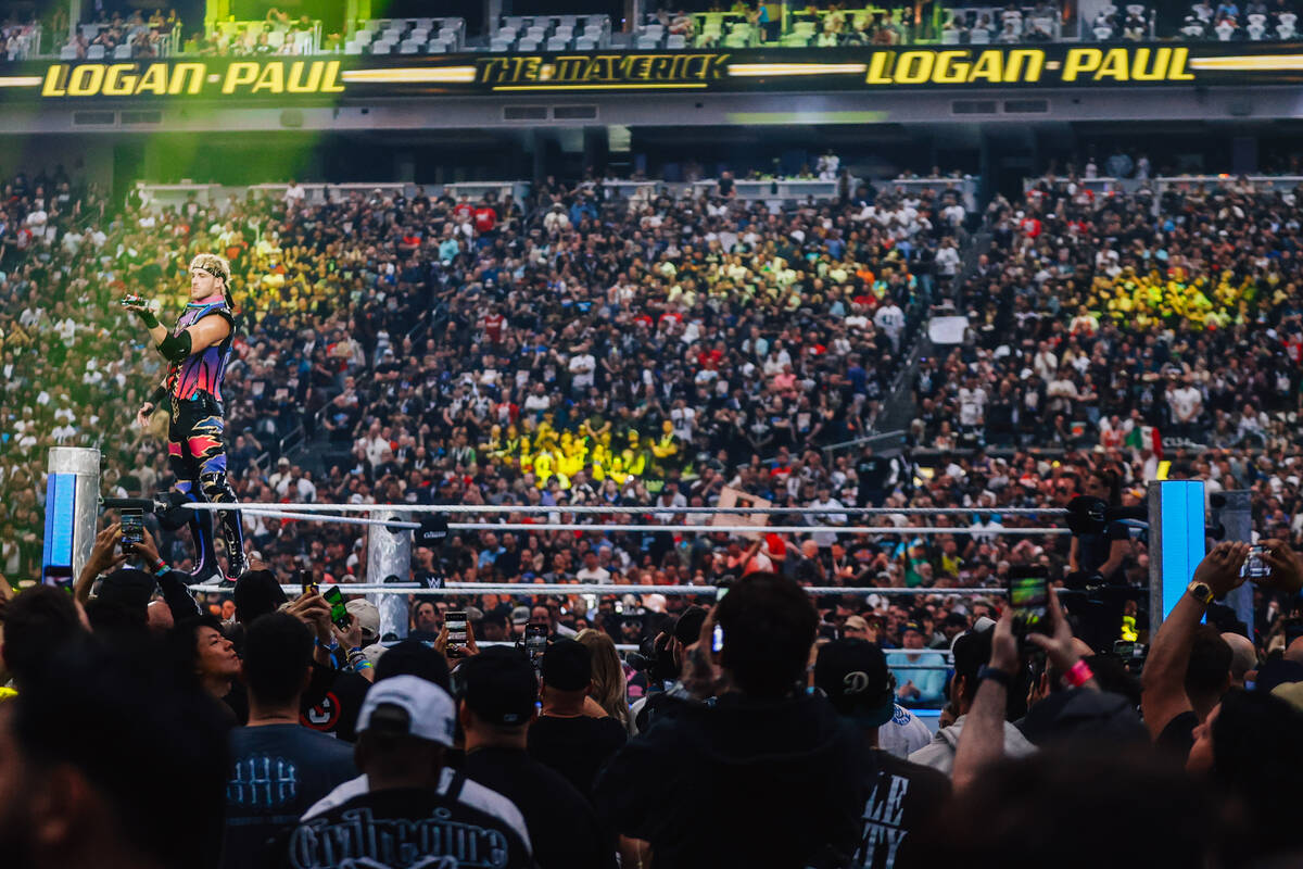 Logan Paul makes his entrance during WWE WrestleMania 41 at Allegiant Stadium Sunday, April 20, ...