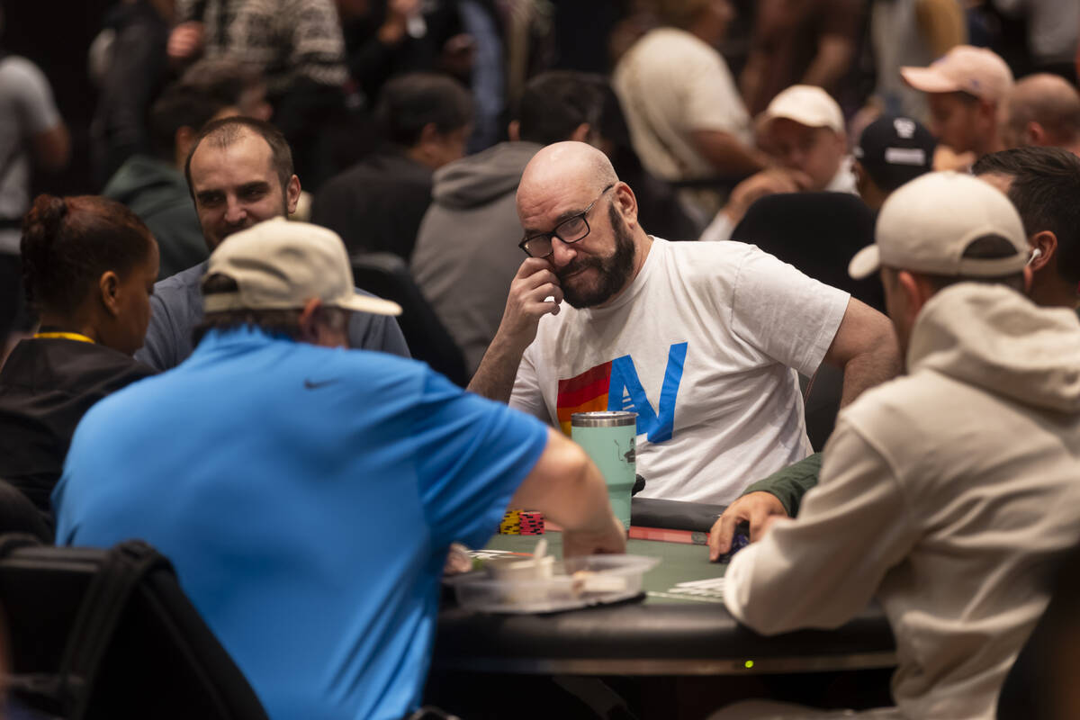 Mike Matusow, of Henderson, looks on while playing in the $10,000 Pot-Limit Omaha Hi-Lo 8 or Be ...