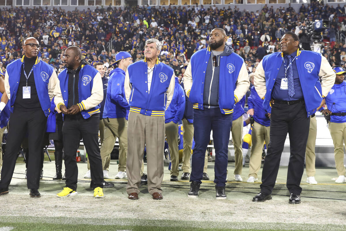 (Left to right) Los Angeles Rams Hall of Famers Eric Dickerson, Marshall Faulk, Tom Mack, Orlan ...