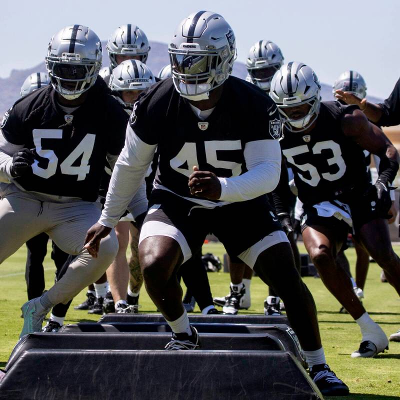 Raiders linebacker Devin White (45) runs through a drill during an NFL football mandatory minic ...