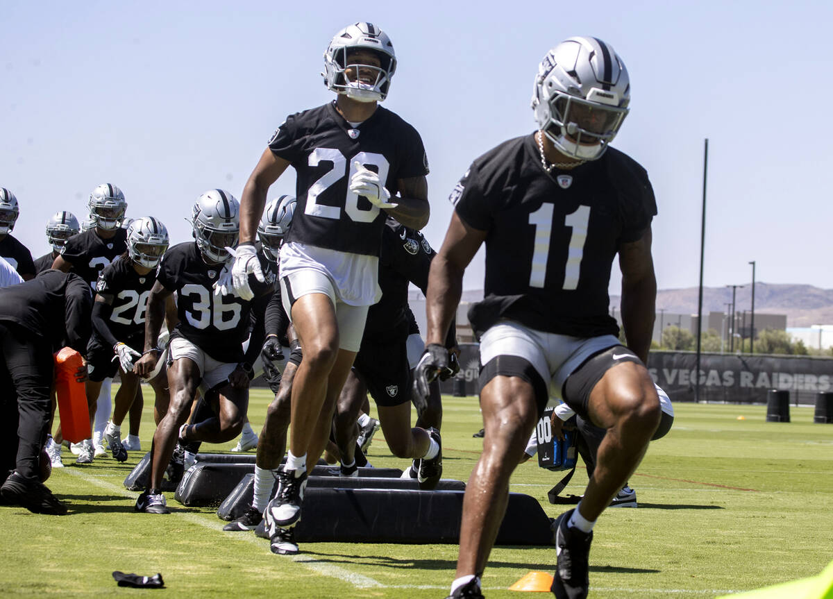 Raiders safety Isaiah Pola-Mao (20) and Raiders safety Jeremy Chinn (11) go through a drill dur ...