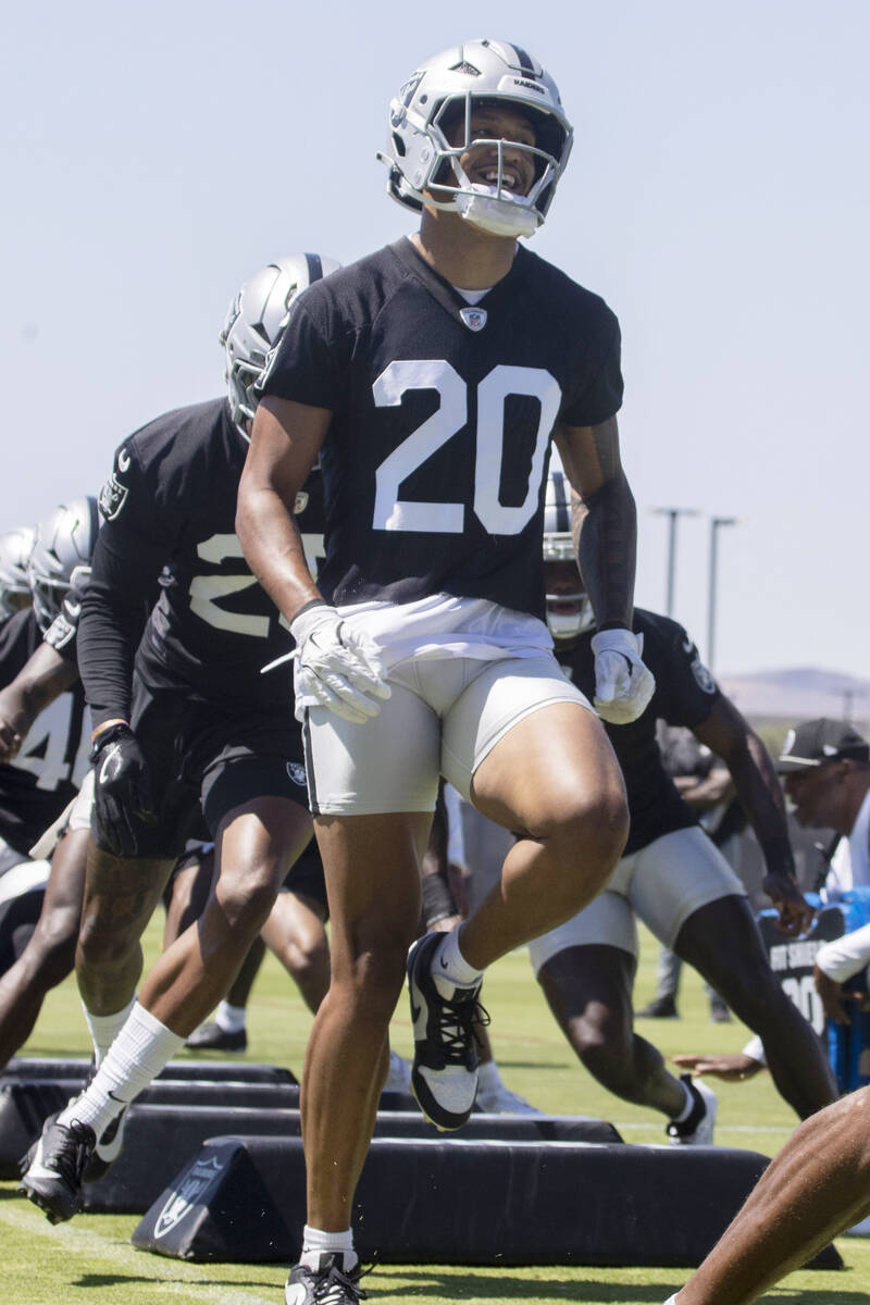 Raiders safety Isaiah Pola-Mao (20) runs through a drill during an NFL football mandatory minic ...