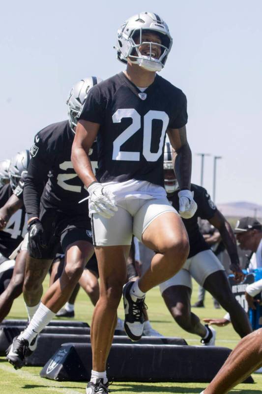 Raiders safety Isaiah Pola-Mao (20) runs through a drill during an NFL football mandatory minic ...