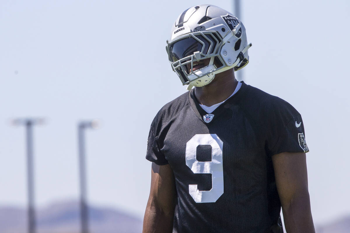 Raiders defensive end Tyree Wilson (9) walks on the field during an NFL football mandatory mini ...