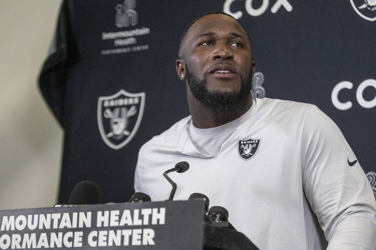 Raiders linebacker Devin White answers questions from the media during a news conference during ...