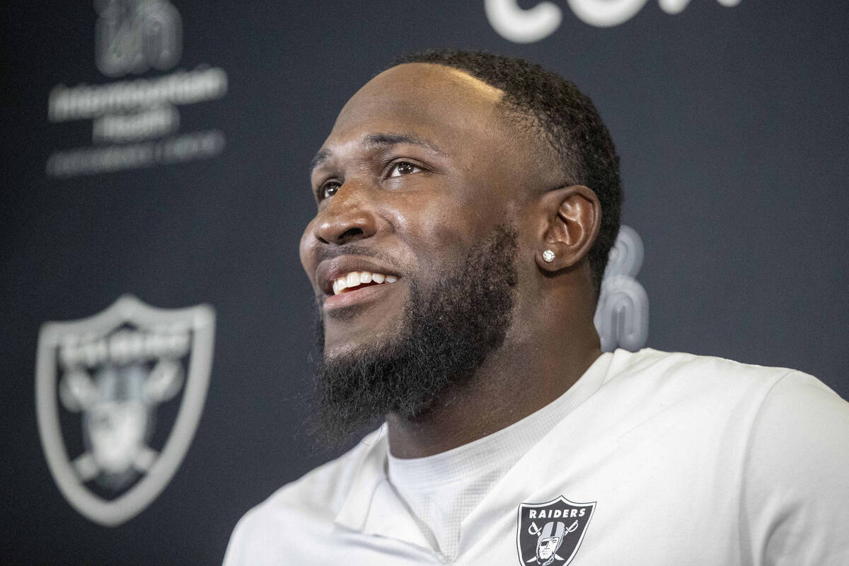 Raiders linebacker Devin White smiles during a news conference following an NFL football mandat ...