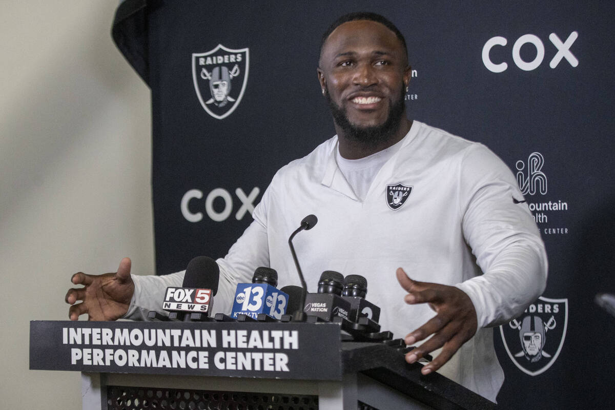 Raiders linebacker Devin White gestures during a news conference following an NFL football mand ...