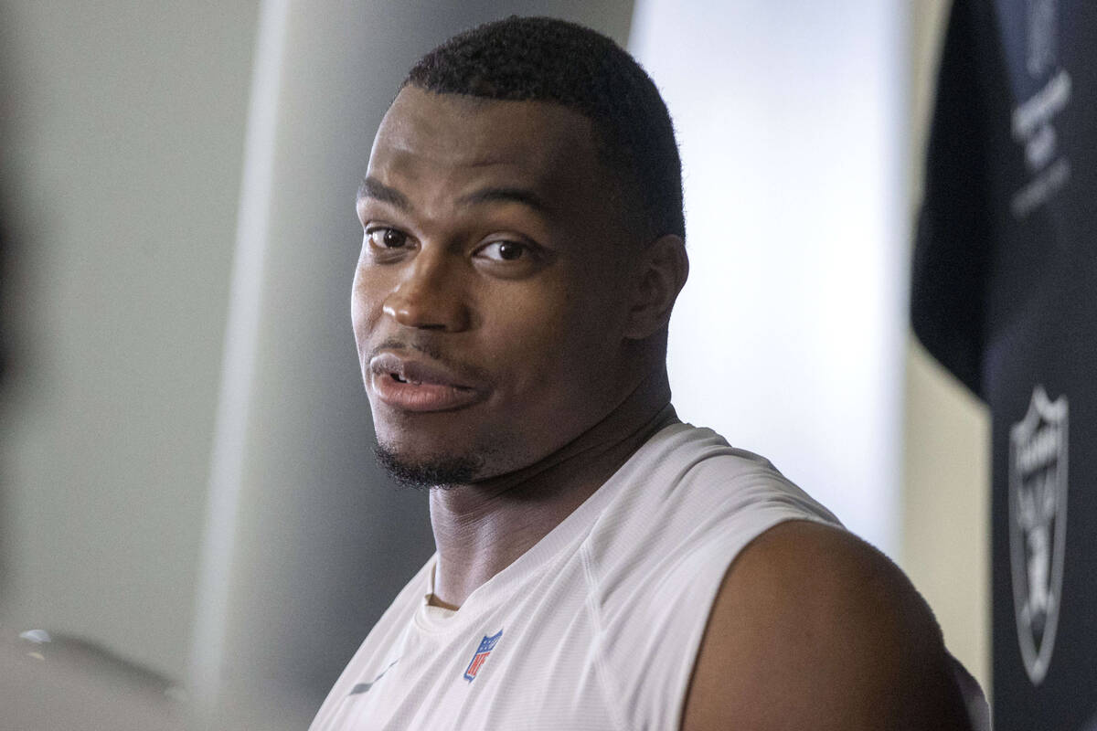Raiders defensive end Tyree Wilson answers questions during a news conference following an NFL ...