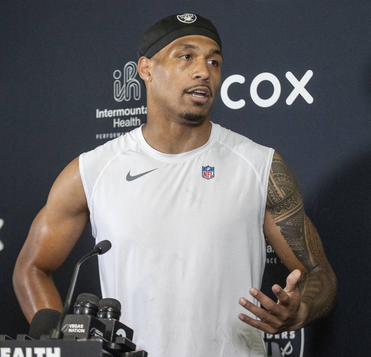 Raiders safety Isaiah Pola-Mao answers questions during a news conference following an NFL foot ...