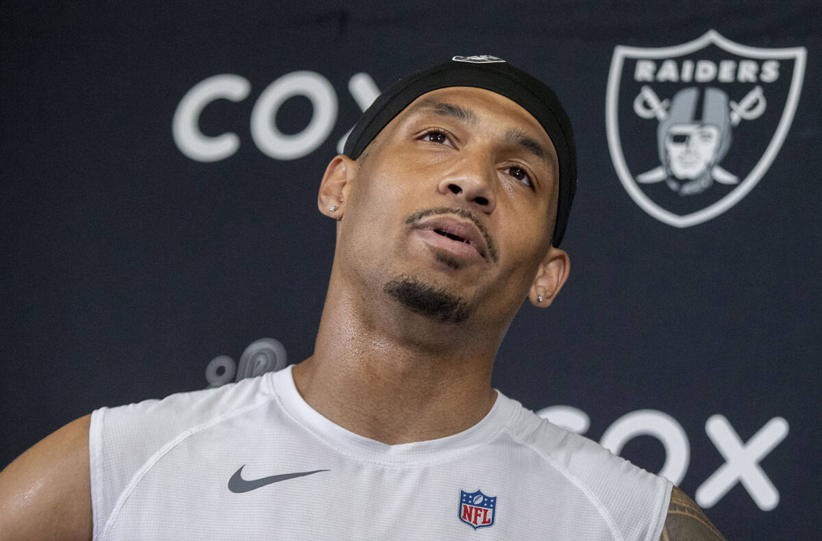 Raiders safety Isaiah Pola-Mao answers questions during a news conference following an NFL foot ...