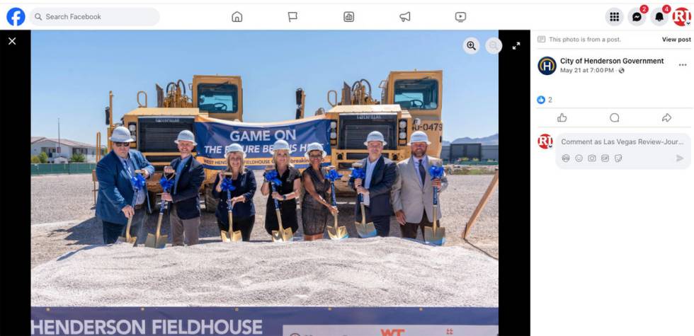 A screenshot of the City of Henderson's Facebook page shows a photo from a groundbreaking cerem ...