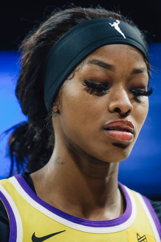 Los Angeles Sparks forward Rickea Jackson looks down during a WNBA basketball game between the ...