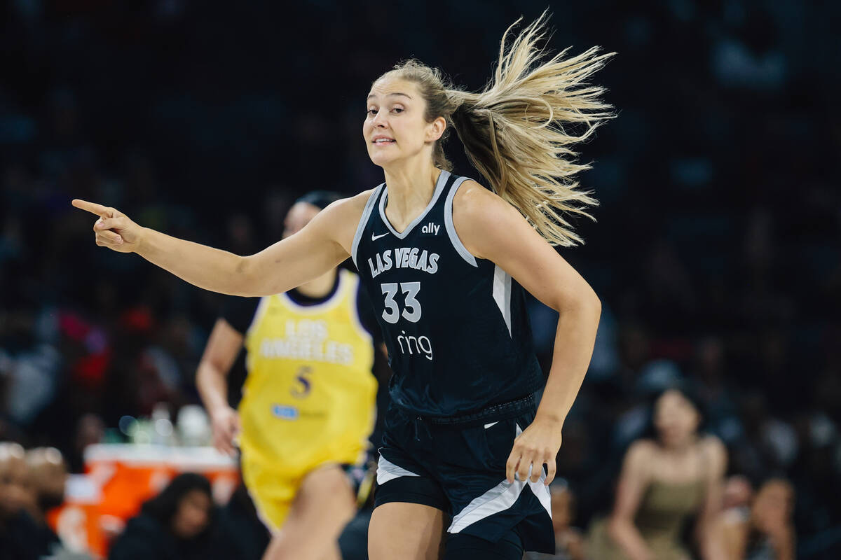 Aces center Elizabeth Kitley points during a WNBA basketball game between the Aces and Los Ange ...