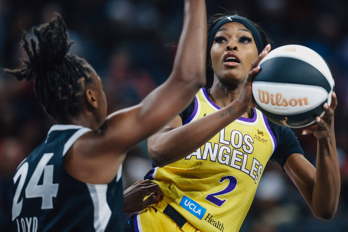 Los Angeles Sparks forward Rickea Jackson (2) eyes the basket during a WNBA basketball game bet ...