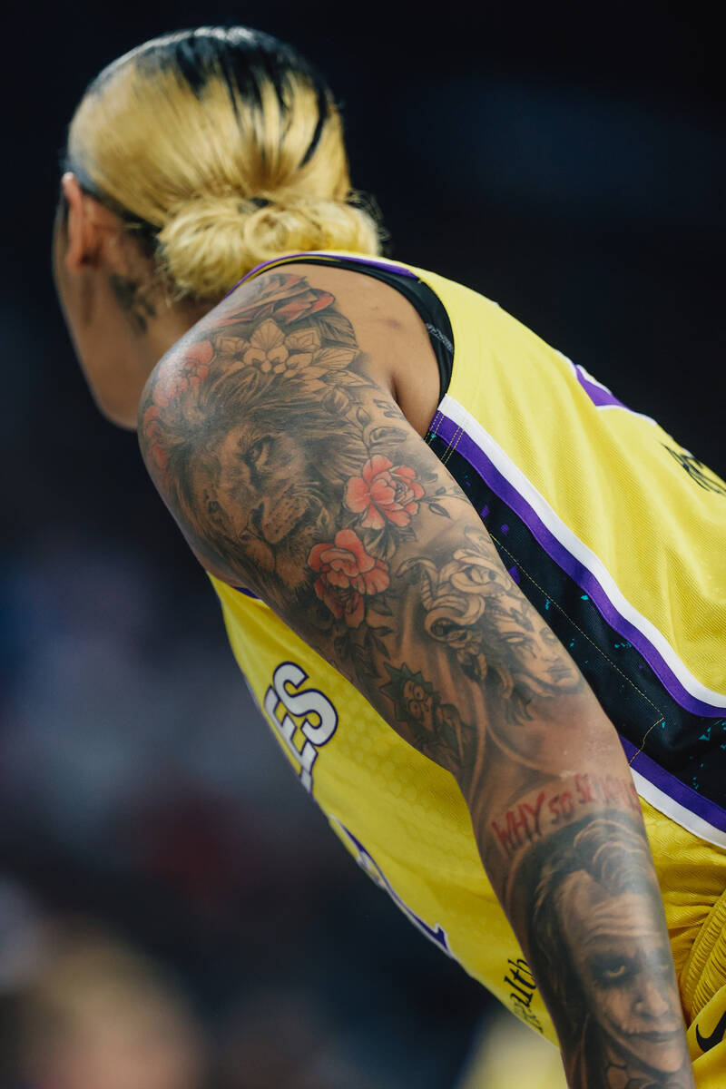 Los Angeles Sparks center Mercedes Russell (21) watches during a free throw in a WNBA basketbal ...