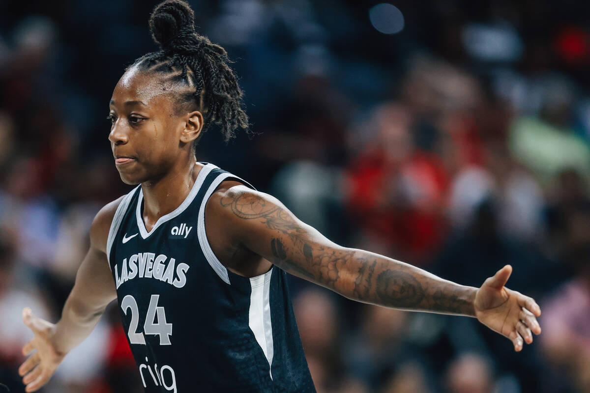 Aces guard Jewell Loyd guards during a WNBA basketball game between the Aces and Los Angeles Sp ...