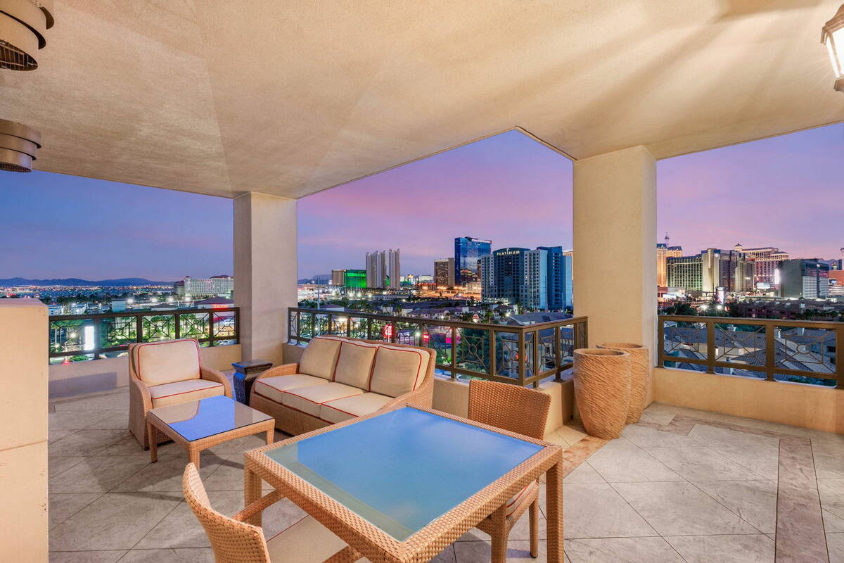 This is an undated photo of the balcony in Elaine Wynn’s Park Tower condo. (Courtesy Palm Drive)