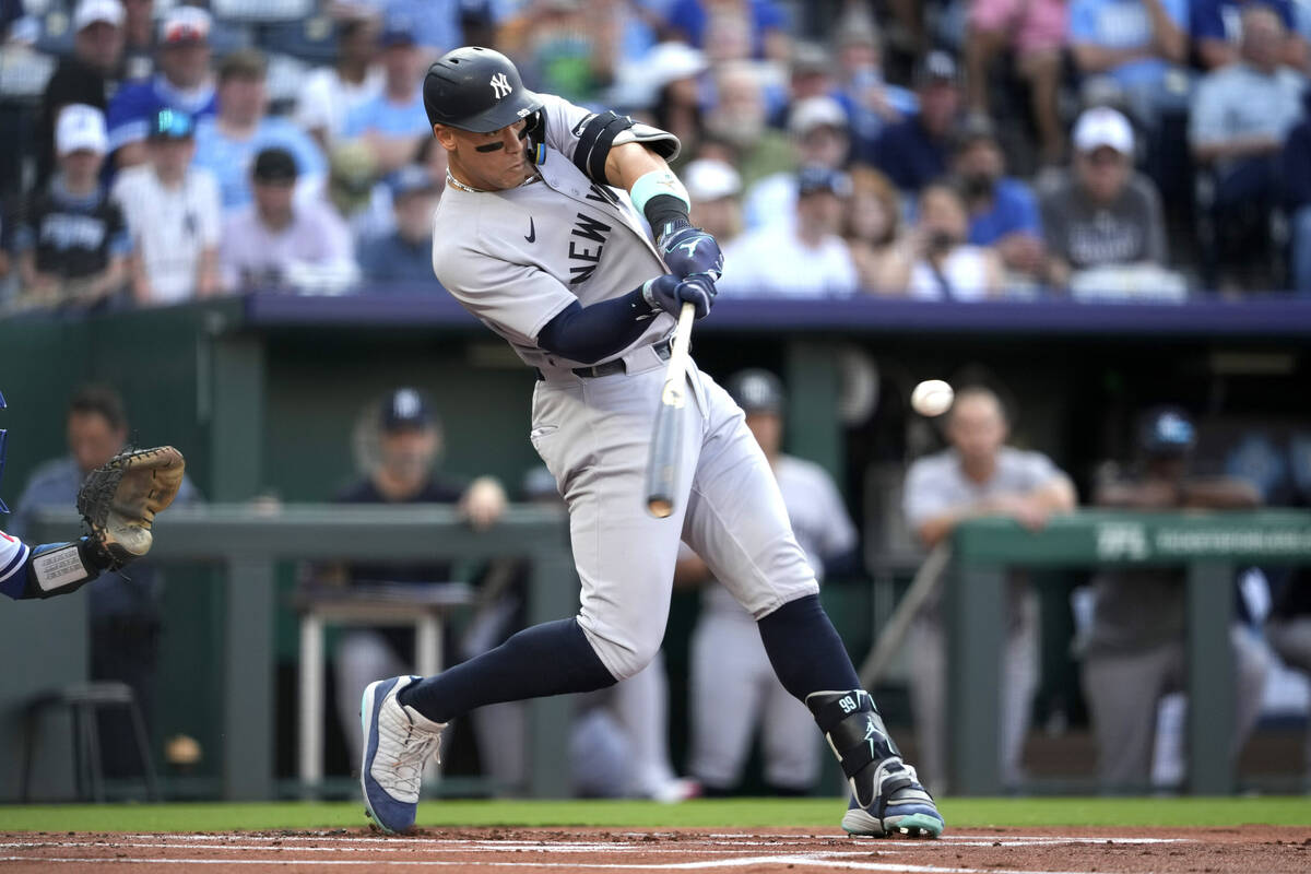 New York Yankees' Aaron Judge hits a two-run home run in the first inning during a baseball gam ...