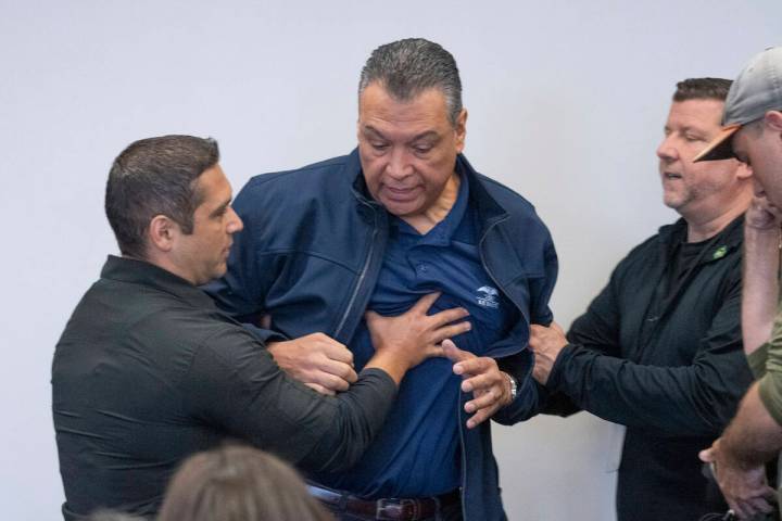 U.S. Sen. Alex Padilla, D-Calif., is pushed out of the room as Homeland Security Secretary Kris ...