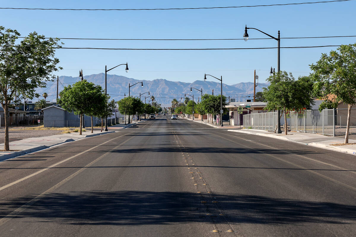 New trees are shown on D Street in the Historic Westside in Las Vegas Tuesday, June 17, 2025. C ...