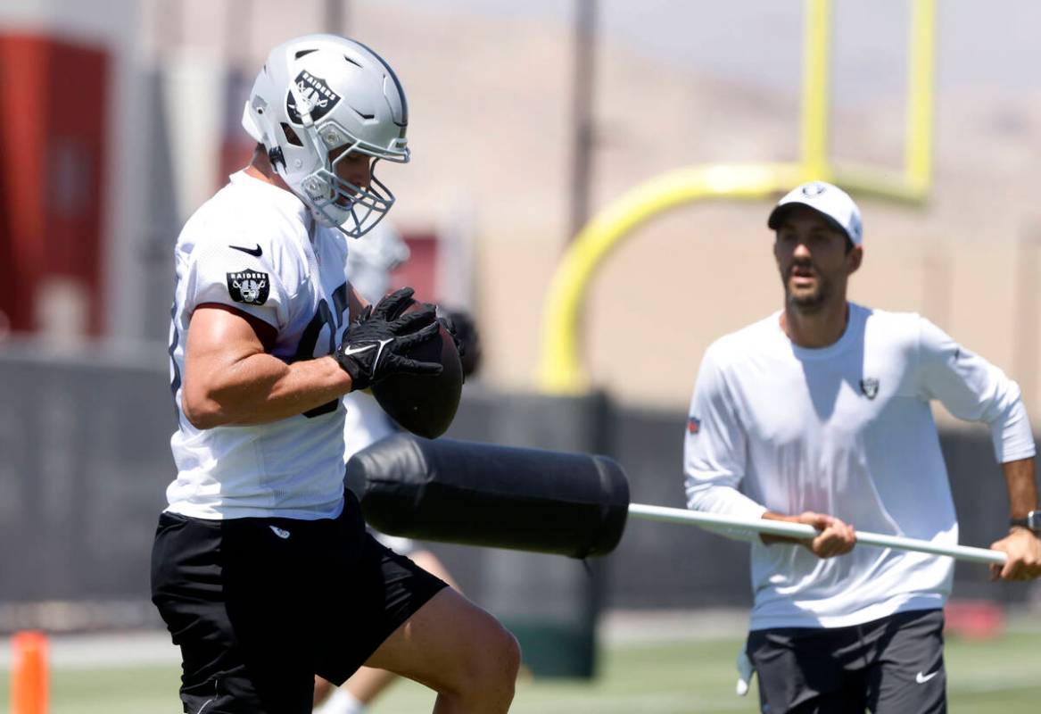 Raiders tight end Michael Mayer (87) catches the ball during an NFL mandatory football minicamp ...