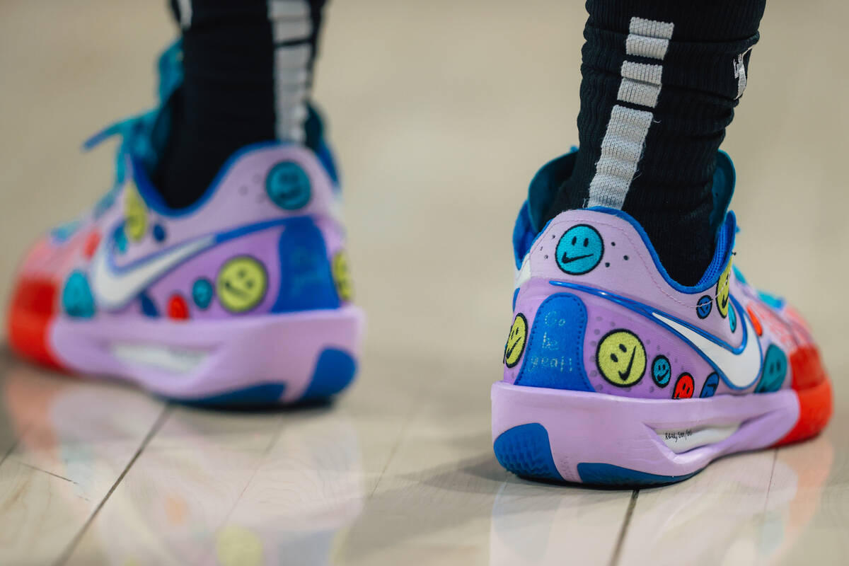 Las Vegas Aces guard Jewell Loyd’s shoes during a WNBA basketball game between the Aces ...