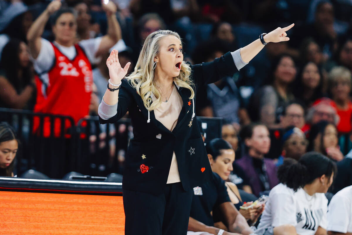 Las Vegas Aces head coach Becky Hammon yells to her players during a WNBA basketball game betwe ...