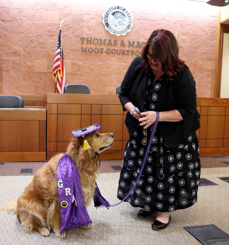 Ellie, a golden retriever, and her mom Laura Carducci-Bergstrom,, prepare for graduation photos ...