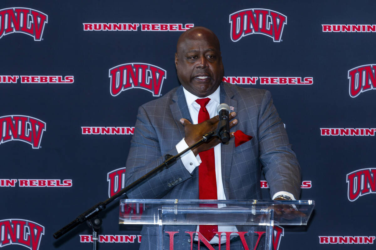 UNLV Director of Athletics Erick Harper speaks during the introductory Press Conference for new ...