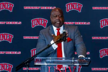 UNLV Director of Athletics Erick Harper speaks during the introductory Press Conference for new ...