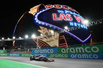 Haas driver Nico Hulkenberg, of Germany, runs a warm up lap during the F1 Las Vegas Grand Prix ...