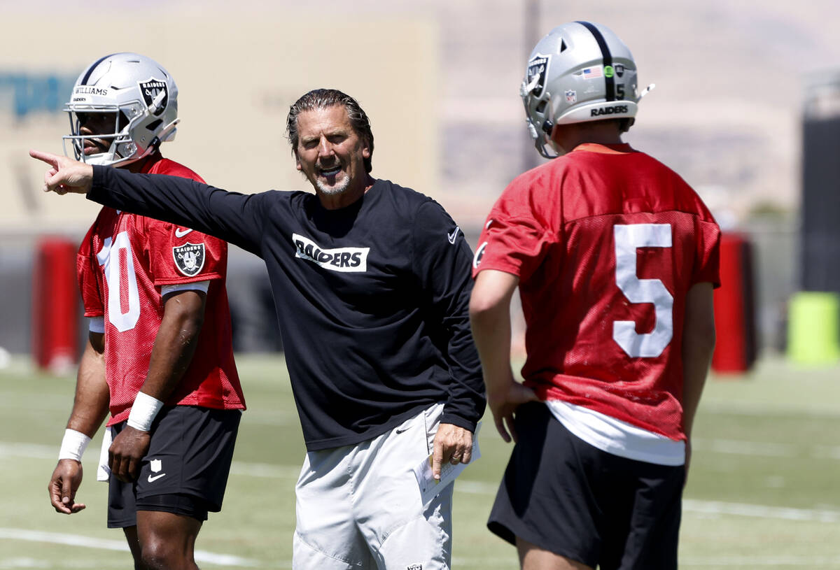 Raider quarterback Cam Miller (5) listens to quarterbacks coach Greg Olson during the 2025 rook ...