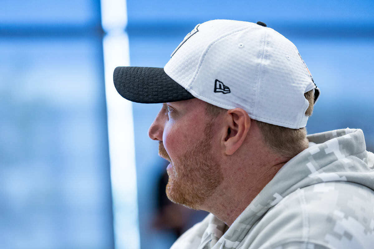Raiders tight ends coach Luke Steckel speaks at the Intermountain Health Performance Center on ...
