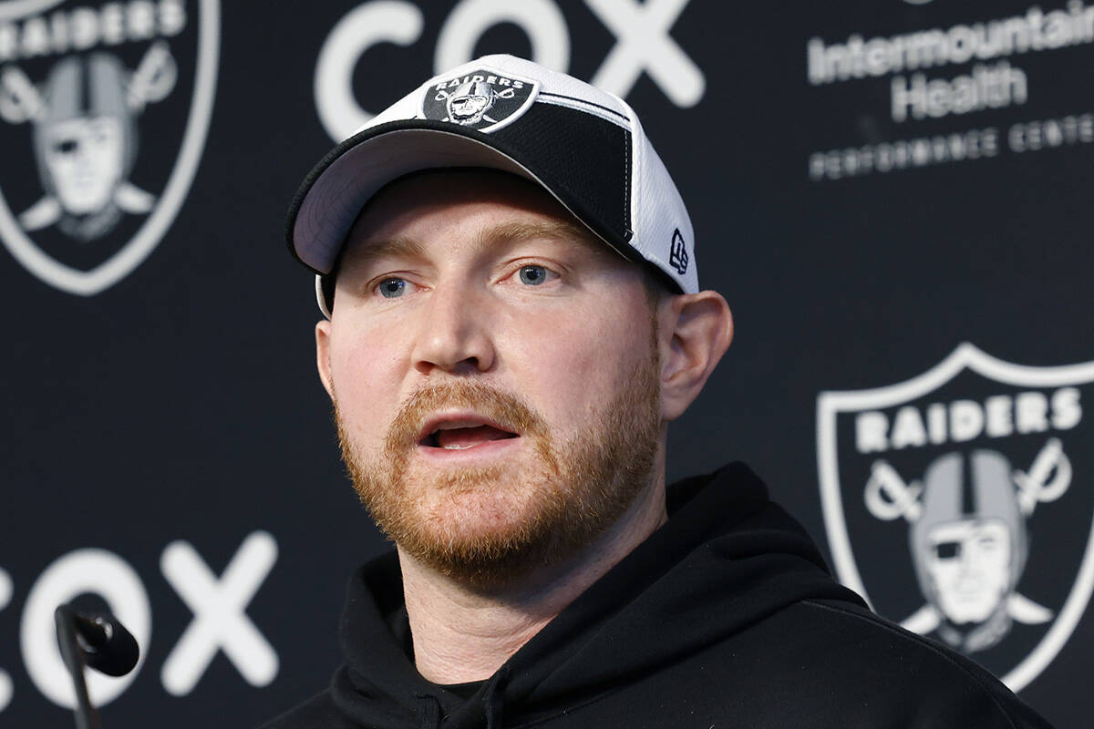 Raiders tight ends coach Luke Steckel addresses the media before team's practice at the Intermo ...