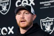 Raiders tight ends coach Luke Steckel addresses the media before team's practice at the Intermo ...