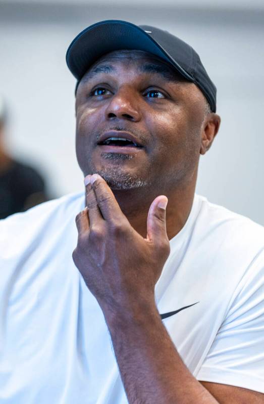 Raiders pass game coordinator and defensive backs coach Joe Woods speaks at the Intermountain H ...