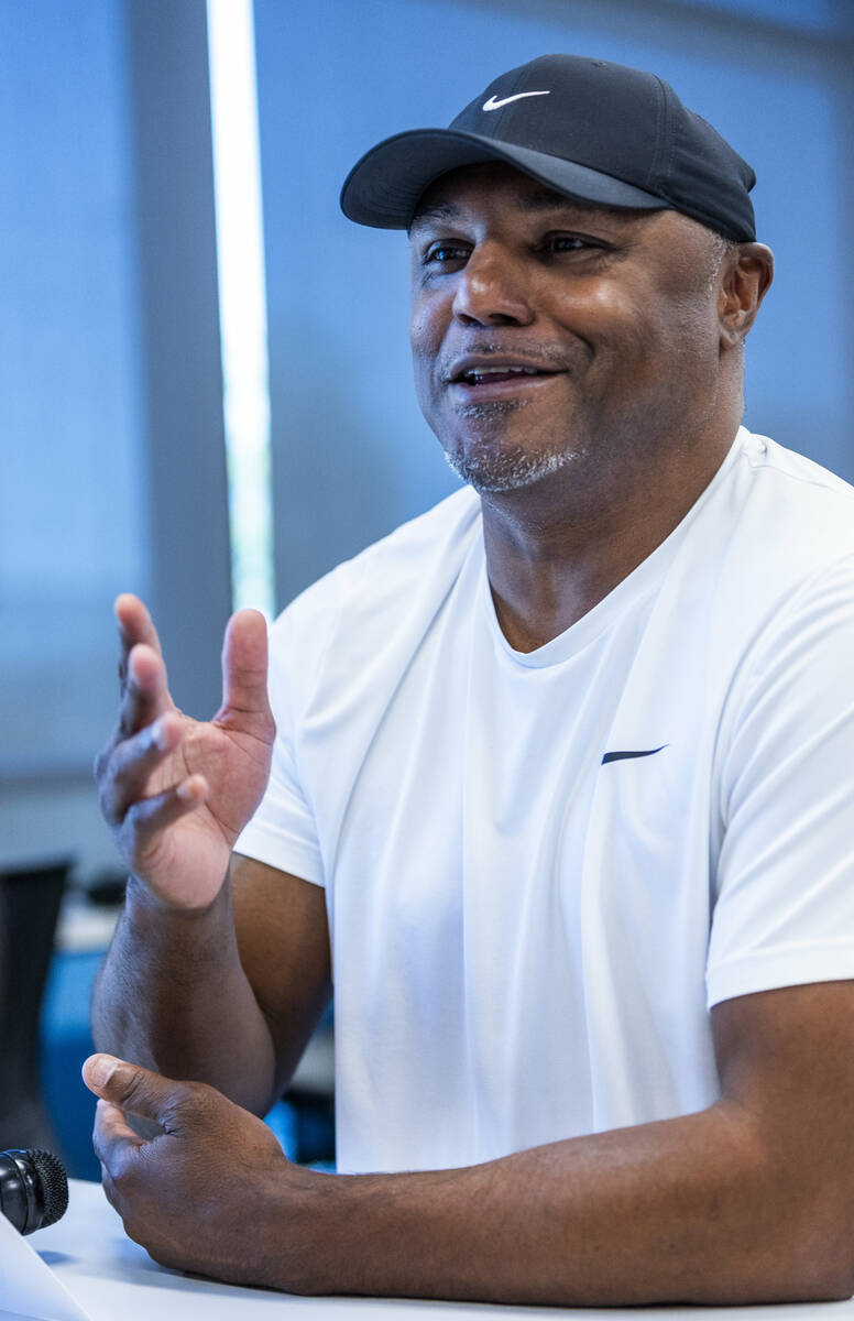 Raiders pass game coordinator and defensive backs coach Joe Woods speaks at the Intermountain H ...