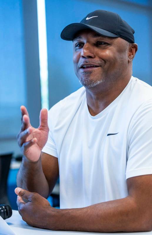 Raiders pass game coordinator and defensive backs coach Joe Woods speaks at the Intermountain H ...