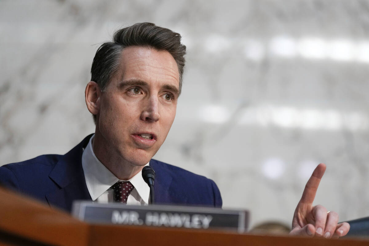 Sen. Josh Hawley, R-Mo., speaks during a confirmation hearing at the Capitol in Washington, Jan ...