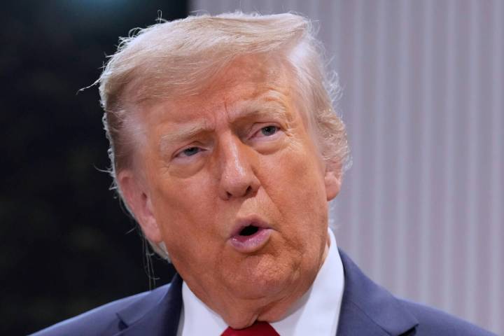 FILE - President Donald Trump speaks during a meeting with Canada's Prime Minister Mark Carney ...