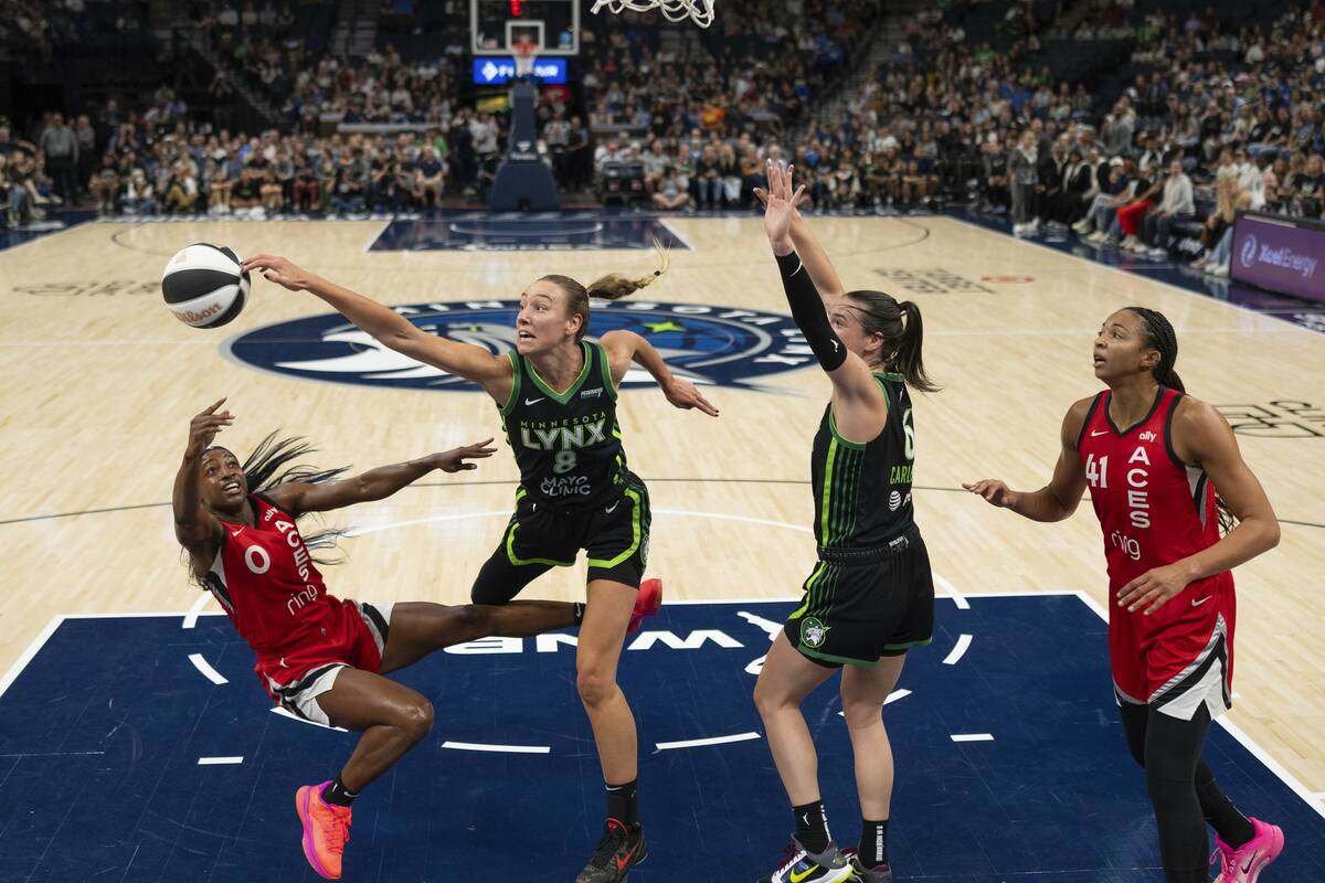 Minnesota Lynx forward Alanna Smith (8) blocks a shot by Las Vegas Aces guard Jackie Young (0) ...